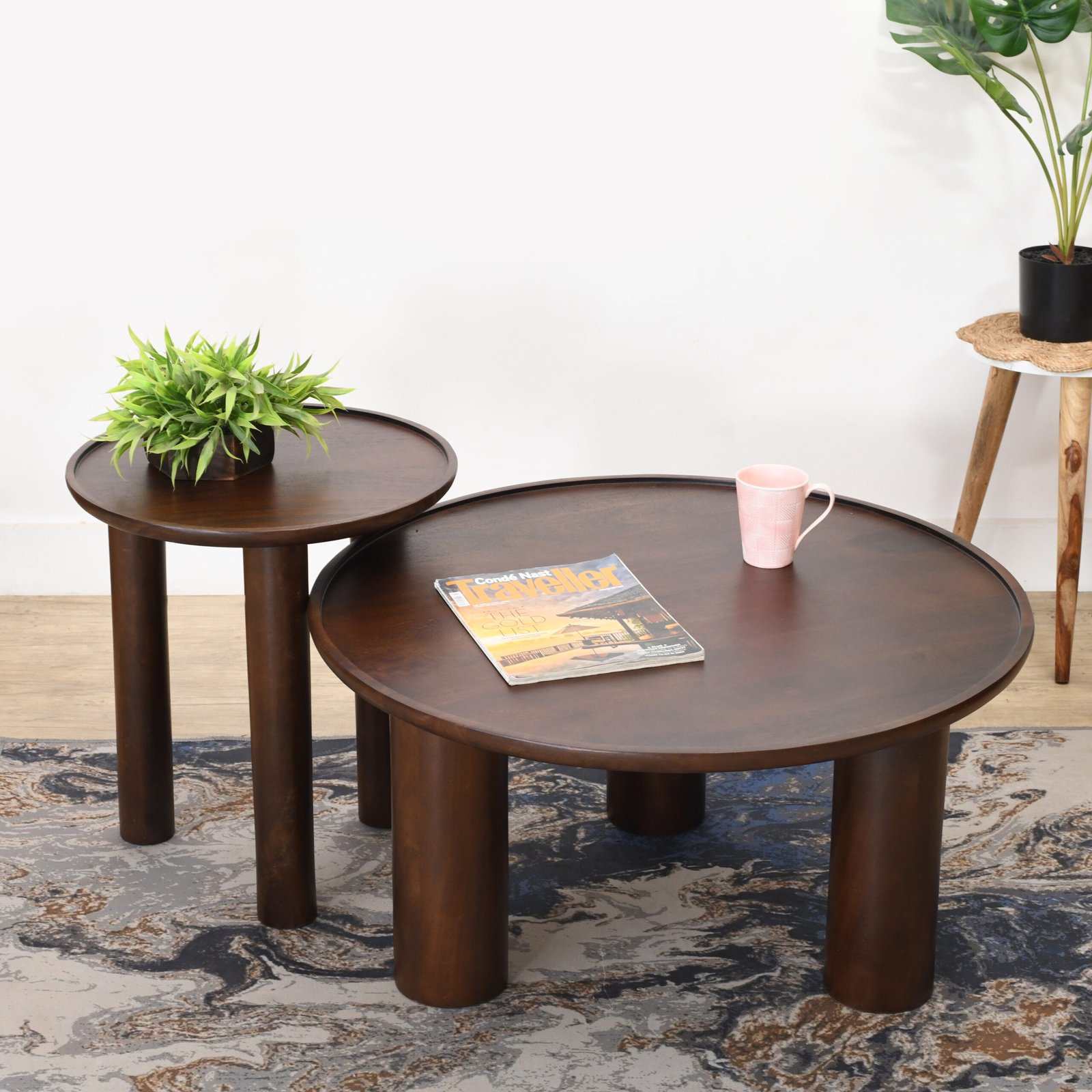 Furnliv Lama Premium Solid Wood Nesting Table Set Walnut Finish